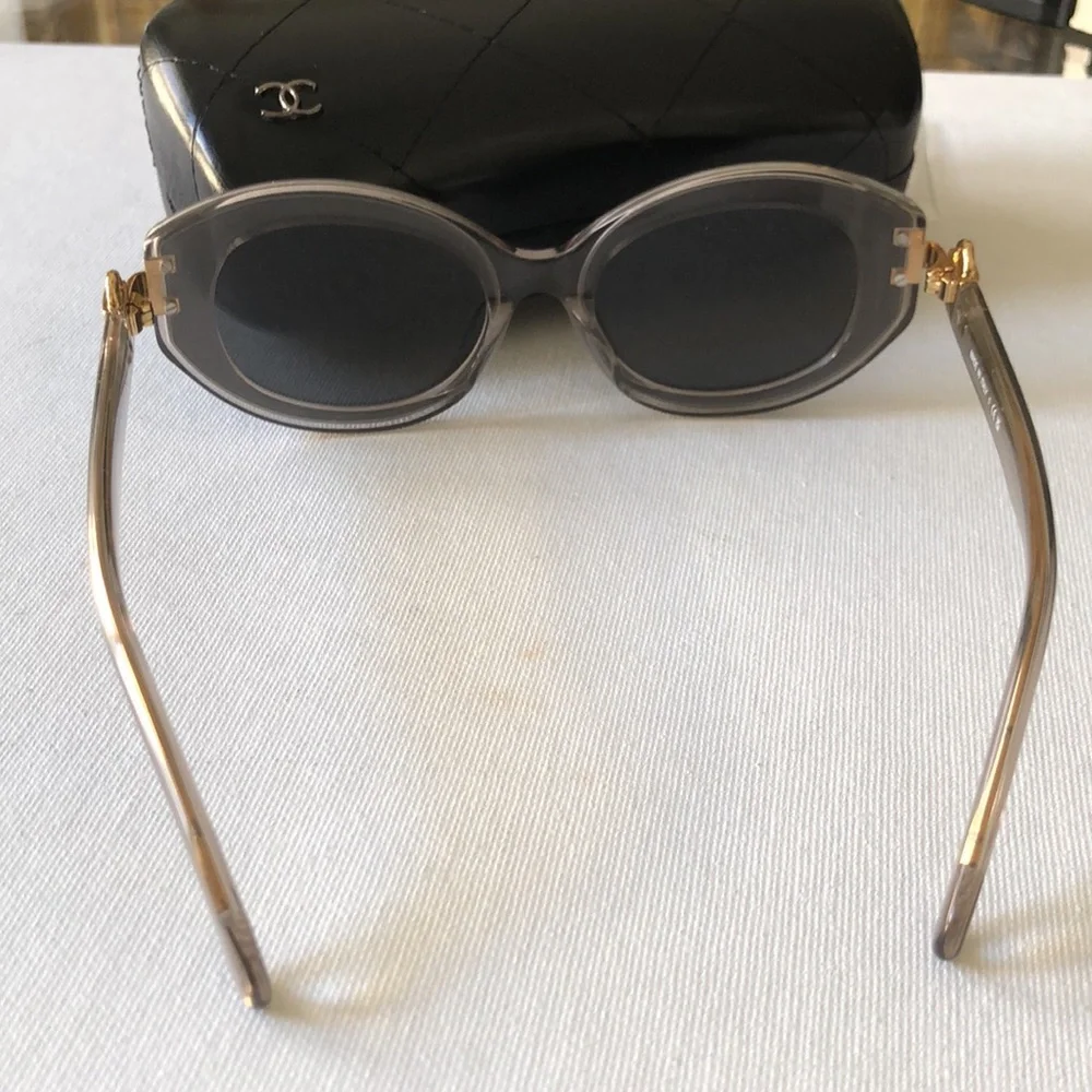 Chanel Gray Oval Sunglasses with CC lock on handles & Quilted Case